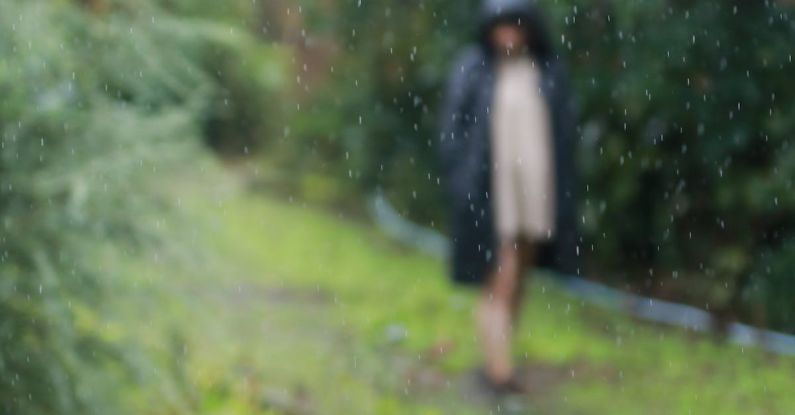 Rain Garden - A person in a black coat walking through the rain